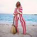 2025 Summer Women's Fashion V-neck Hollow Striped Shirt Loose Knitted Wide-leg Pants Set_ecoleips.com