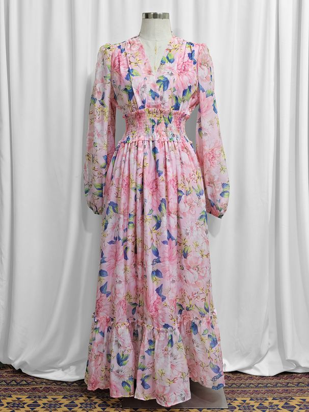 "Elegant V-Neck Printed Muslim Maxi Dress With Lantern Sleeves – Modest Flowy Skirt For Women"_ecoleips.com