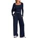 Women's Fashion Casual Solid Color Square Neck Long Sleeve Top And Wide Leg Pants Two Piece Set Spring/Autumn Sportswear_ecoleips.com