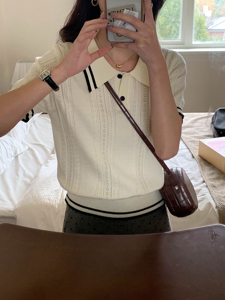 K New School Style Polo Collar Short Sleeved Knitted Sweater With Contrasting Colors_ecoleips.com