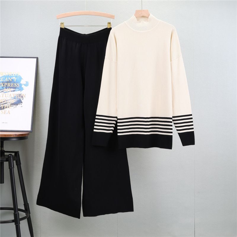 K Fashion Casual Suit For Women; Half-turtleneck Striped Sweater With Wide-leg Pants Two-piece Set_ecoleips.com