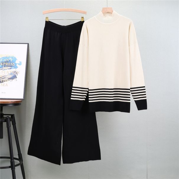 K Fashion Casual Suit For Women; Half-turtleneck Striped Sweater With Wide-leg Pants Two-piece Set_ecoleips.com