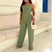 Women's Clothing Green Suspenders Sexy Waist Wide Leg Jumpsuit_ecoleips.com