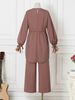 H730 Muslim Women's Solid Color Drawstring Tie Two-Piece Set Round Neck Top Wide-Leg Pants Elegant Ladies Suit_ecoleips.com