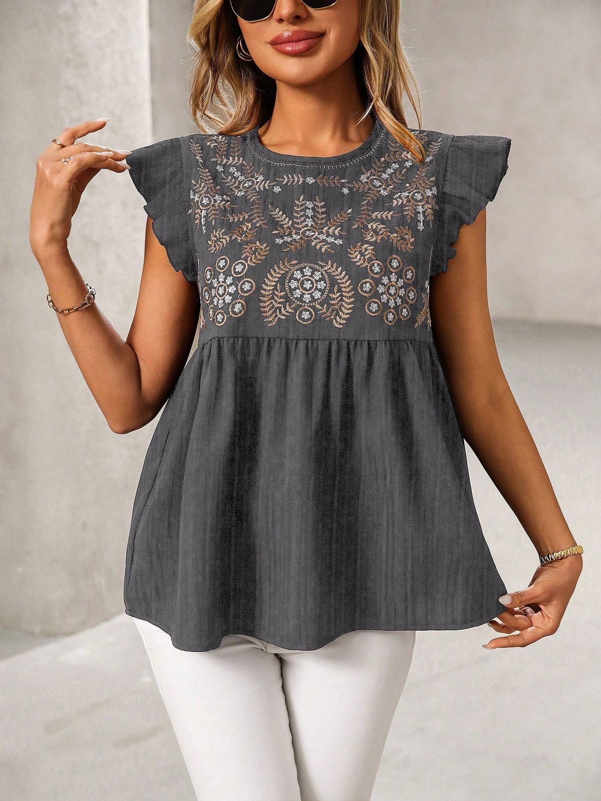 Women's Ethnic Style Short Shirt Embroidered Top With Flutter Sleeves New_ecoleips.com