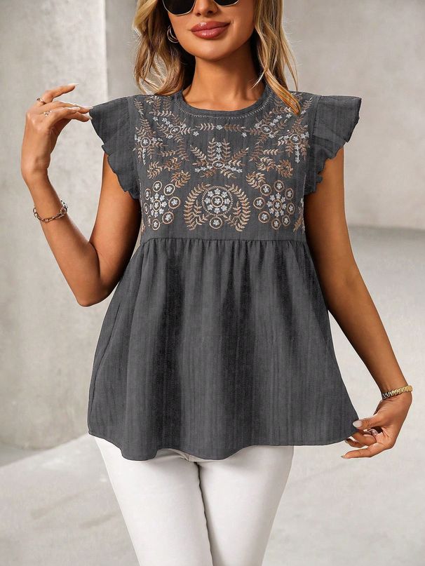 Women's Ethnic Style Short Shirt Embroidered Top With Flutter Sleeves New_ecoleips.com