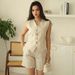 Women's Summer Linen Blend Vest & Shorts Set - Breathable Office Casual Outfit With Pockets (Beige, Khaki)_ecoleips.com