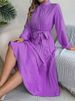 Elegant Stand Collar Full Sleeve Closed Waist Pleated Dress Women Autumn Winter Long Dress_ecoleips.com