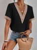 Aria Basics Aria Basics 2024 Women's V-neck Lace Loose Top Commuting Short Sleeve Shirt For Women European And American Style_ecoleips.com