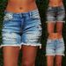 Women's Clothing Stretch Denim Shorts With Distressed Hem & Fringe - High Waist Ripped Bermuda Shorts (S-3XL)_ecoleips.com
