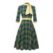 Autumn/Winter Grid-Print High-Collared Green Dress With Seven-Quarter Sleeves, Ribbon-Strapped And Butterfly-Button Deta_ecoleips.com