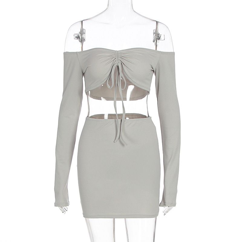 Sexy Fashion Pure Desire Style Strapless Long Sleeve Crop Top Bodycon Hip Wrap Two Piece Dress Set For Women_ecoleips.com
