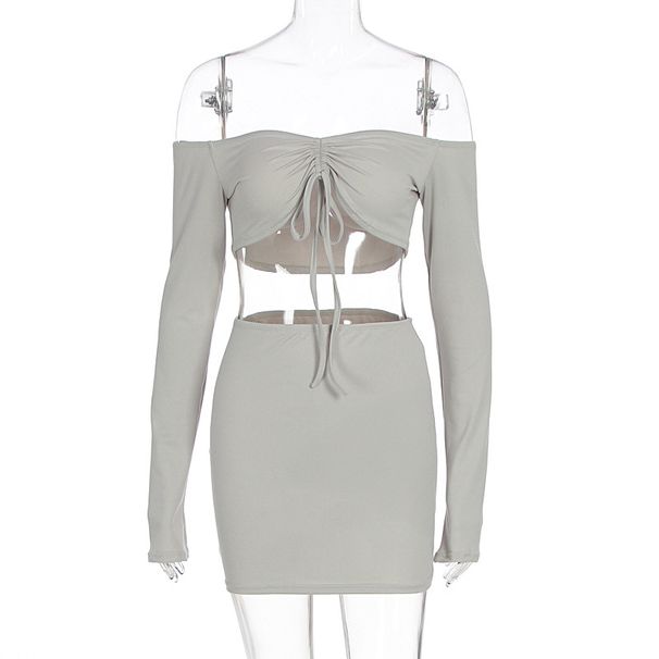 Sexy Fashion Pure Desire Style Strapless Long Sleeve Crop Top Bodycon Hip Wrap Two Piece Dress Set For Women_ecoleips.com