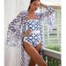 Women’s Clothing new fashion printed one piece swimsuit female long sleeved blouse French retro hot spring swimsuit_ecoleips.com