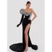 Women's Clothing Rhinestone Design High Slit One Shoulder Sleeveless Black Dress Celebrity Dinner Red Carpet Dress_ecoleips.com