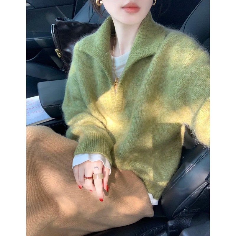 Women's Clothing Vintage Green V Neck Mohair Sweater Relaxed Fit Thick Knit Top For Autumn Winter_ecoleips.com