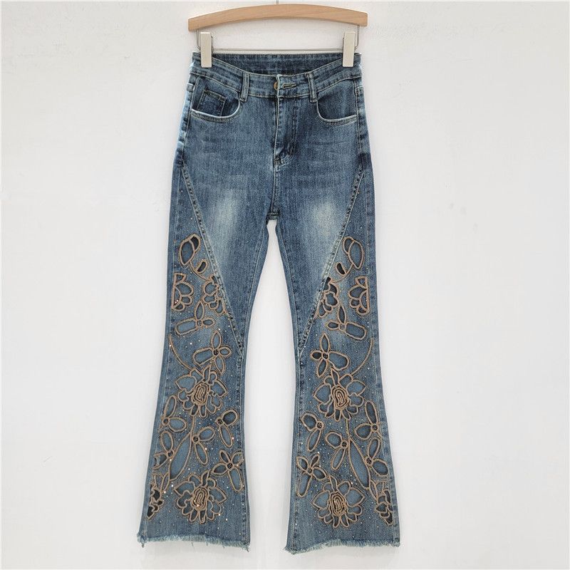 Women's Flared Nine-Point Jeans – Heavy Diamond Hollow Embroidery & Slim Fit (S-XXXL, Bluish)_ecoleips.com