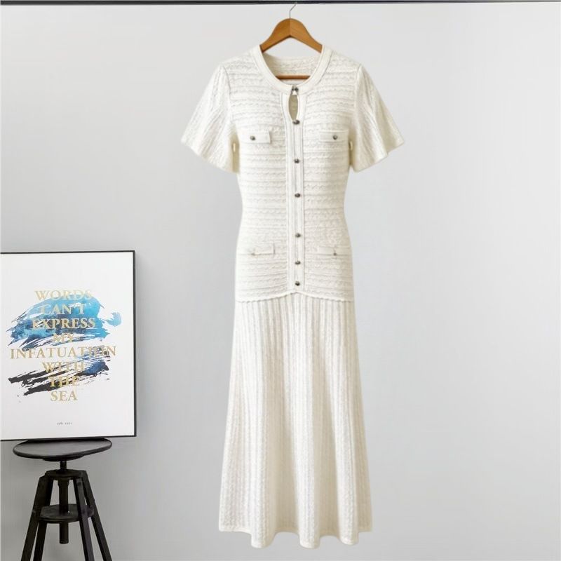 Women's Clothing Summer Knitted Dress Round Neck Short Sleeve Slimming Shimmering Hollow Out Elegant Casual England Style_ecoleips.com