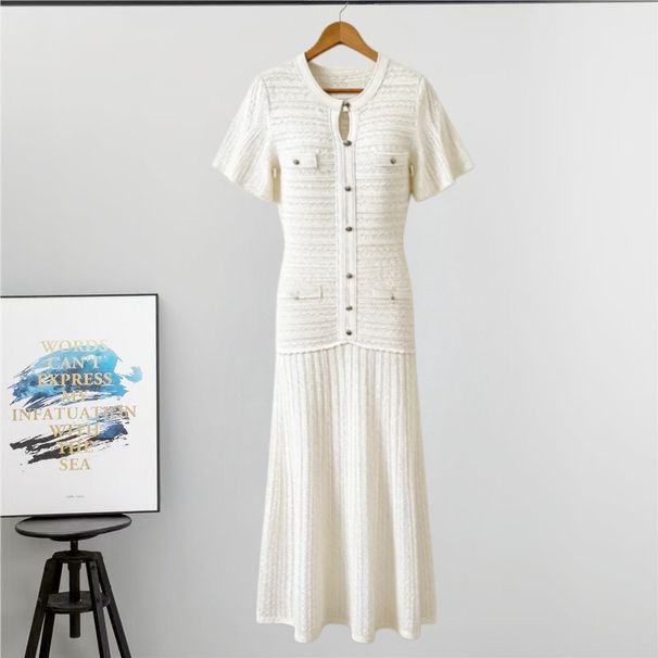 Women's Clothing Summer Knitted Dress Round Neck Short Sleeve Slimming Shimmering Hollow Out Elegant Casual England Style_ecoleips.com