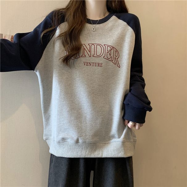 Real Shot Of Cotton American Retro Raglan Sleeve Sweatshirt For Women, Thin, Loose, Versatile, Color-blocking,_ecoleips.com