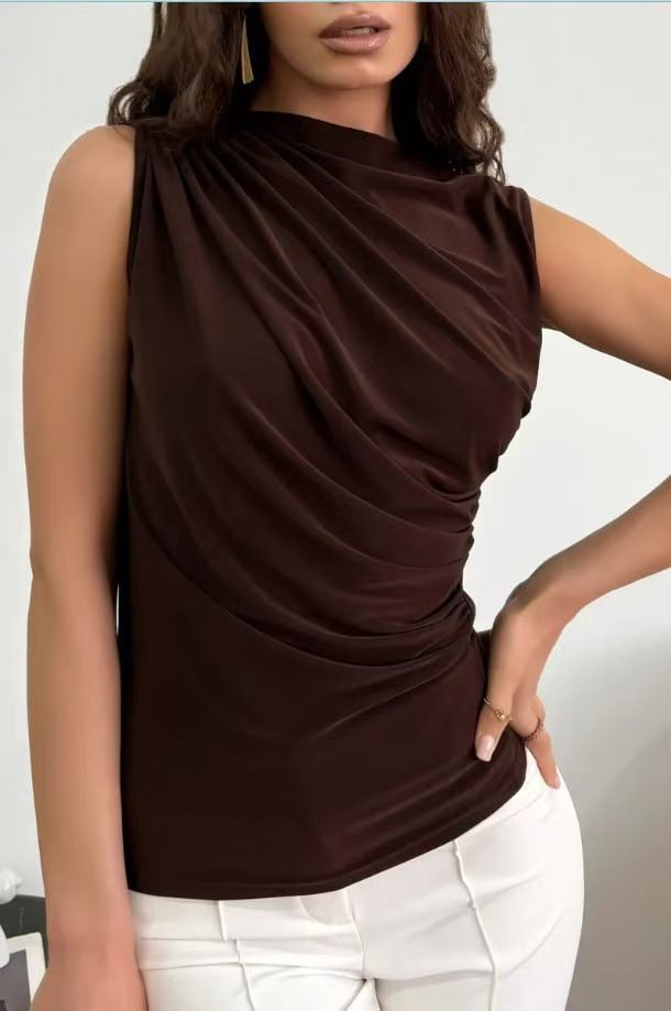 Women's Clothing High-Neck Pleated Sleeveless T-Shirt – Lightweight & Stylish For Spring & Summer_ecoleips.com