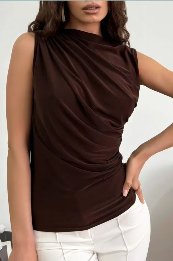 Women's Clothing High-Neck Pleated Sleeveless T-Shirt – Lightweight & Stylish For Spring & Summer_ecoleips.com