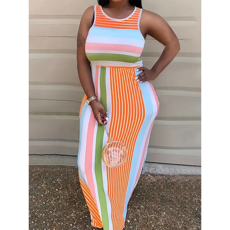 Women's Clothing large size round neck striped fashion print street sexy dress_ecoleips.com