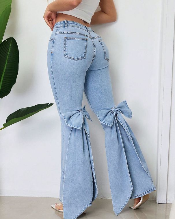 Women's High Waist Flare Denim Jeans With Bow Knot Split Hem, Light Blue Stitched Bootcut Bell Bottom Pants, Casual Daily Wear Slim Fit Fashion Jeans_ecoleips.com
