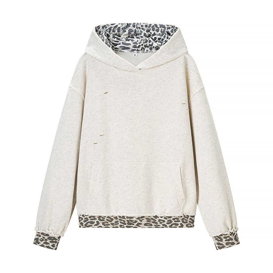 Women's Distressed Hoodie With Leopard Print Panels – Oversized Pullover Sweatshirt For Streetwear & Casual_ecoleips.com