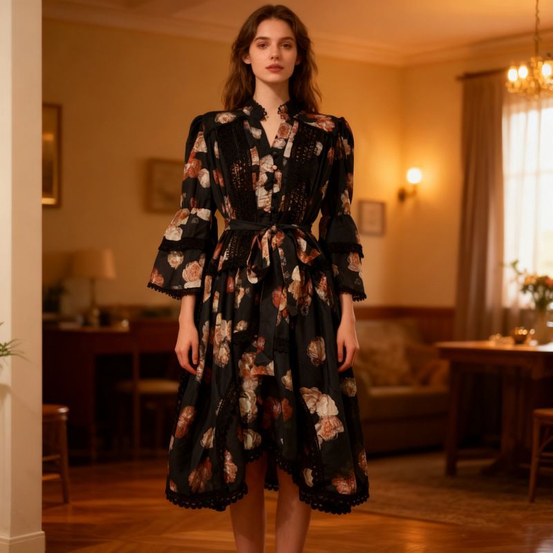 French Retro Slimming Dress for Women Sexy Lace Trim High-End Feel Tie Waist Autumn Dress_ecoleips.com