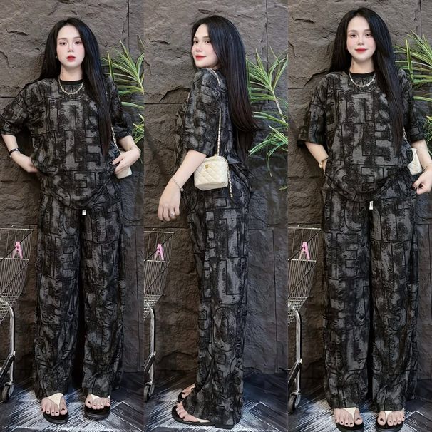 Fashionable American Style Women's Two Piece Set Letter Print Short Sleeve Top With Wide Leg Pants Summer Sporty Casual Plus Size_ecoleips.com