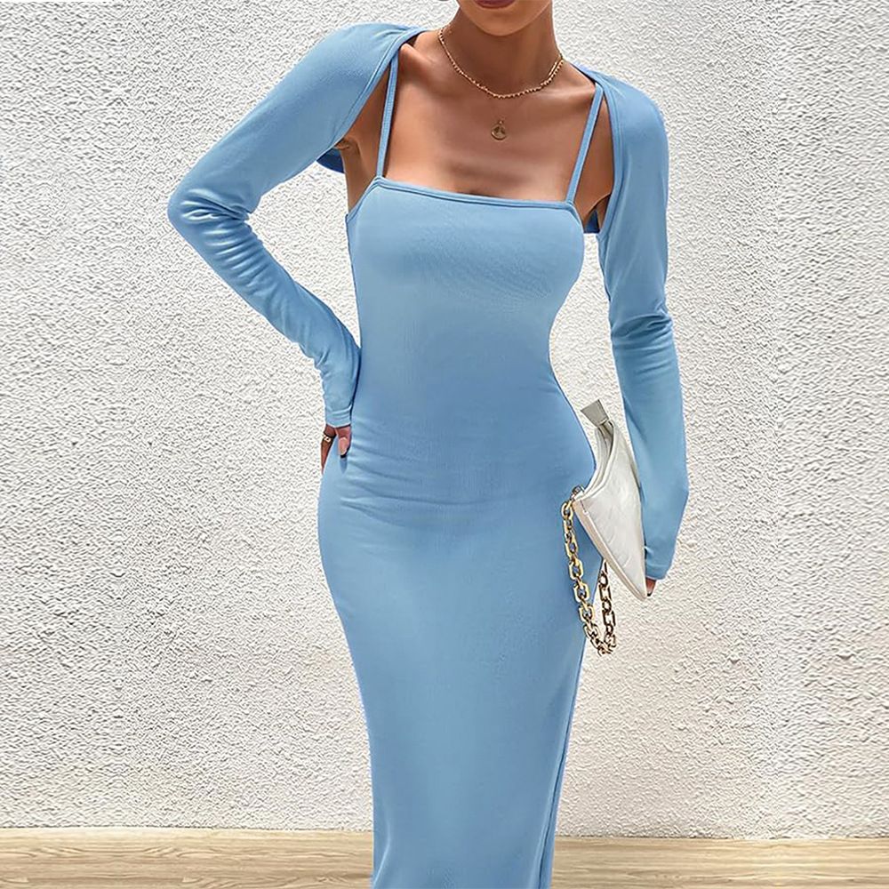 Voya Women's Light Blue Elegant Fashion Set, Spring And Summer Shawl Dress Two-piece Set_ecoleips.com