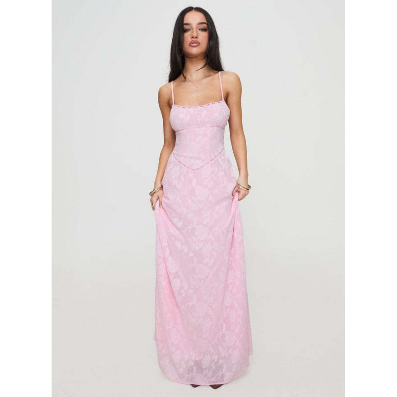 Women's Clothing Princess Polly Gentle Jacquard Backless Spaghetti Strap Maxi Dress Tie Waist Effortless Glamour_ecoleips.com