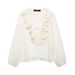 Women's Layered Detail V-Neck Blouse - Sweet & Stylish Polyester Top With 3D Embellishments_ecoleips.com