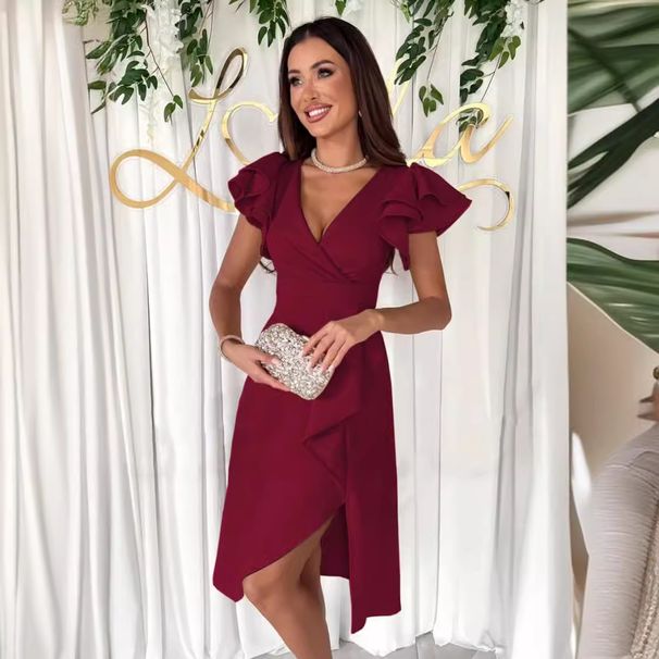 Women's Clothing Commuter Solid Color V Neck Waist Elegant V-Neck Wrap Waist Flutter Sleeve Asymmetrical Dress Office Commute & Casual Wear_ecoleips.com