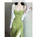 Cross-border Supply Green Floral Print Camisole For Women, Summer 2024 New Style, Beach Vacation Outfit, Waist-cinching_ecoleips.com