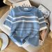 Women's Clothing Summer Women's Color Block Striped T-Shirt Round Neck Short Sleeve Ice Silk Knitwear Design_ecoleips.com