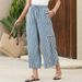 Women's Blue And White Striped Wide Leg Pants Casual Loose Cropped Style With Pockets Spring/Summer New Fashion_ecoleips.com