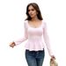 Voya Women's New Style U-neck Long Sleeved T-shirt, Pure Desire To Slim Fit Spicy Girl Ruffle T-shirt Top_ecoleips.com