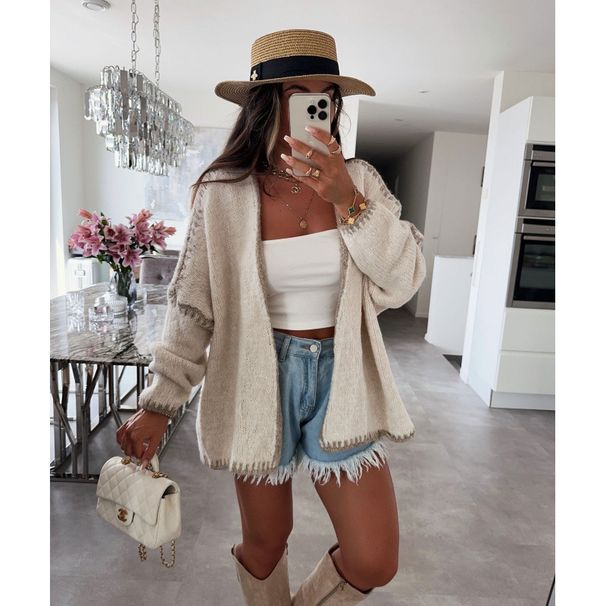 Women's Knit Cardigan With V-Neckline For Autumn/Winter, Loose-Fitting And Versatile, Featuring College-Style Color Cont_ecoleips.com