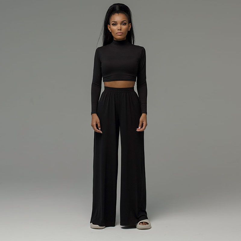 LS21290P Women's Fashion Casual Home Sports Round Neck Long Sleeve Top Wide Leg Two-Piece Set_ecoleips.com