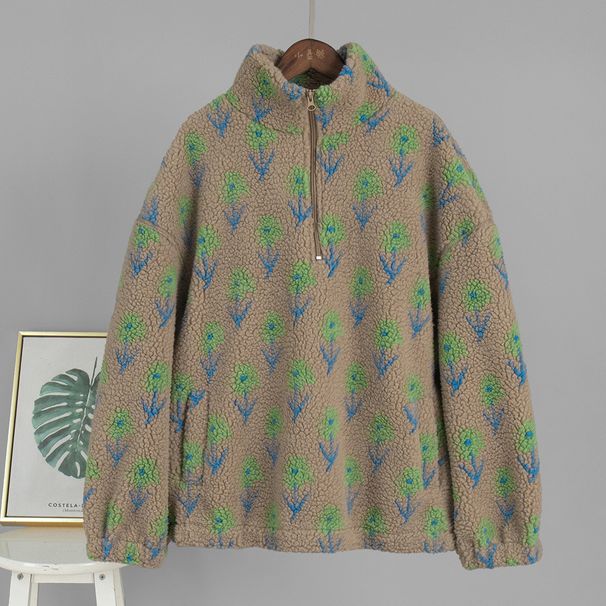 Women's Fleece Jacquard Sweatshirt European American Style Winter New Loose Turtleneck Half Zip Sweatshirt_ecoleips.com