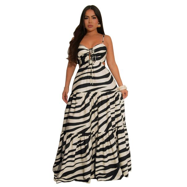 European And American Style Women's Long Printed Suspender Dress Sexy Strappy Design Factory Wholesale Amazon Fashion_ecoleips.com