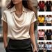 Elegant Draped Neck Short-Sleeve Blouse – Lightweight Polyester Women's Top For Work & Casual Size Democracy_ecoleips.com