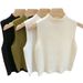 Women's Summer Solid Color Knitted Sweater Base Shirt With Half-high Collar, Wide Shoulder Straps, Short Sleeveless Tank_ecoleips.com
