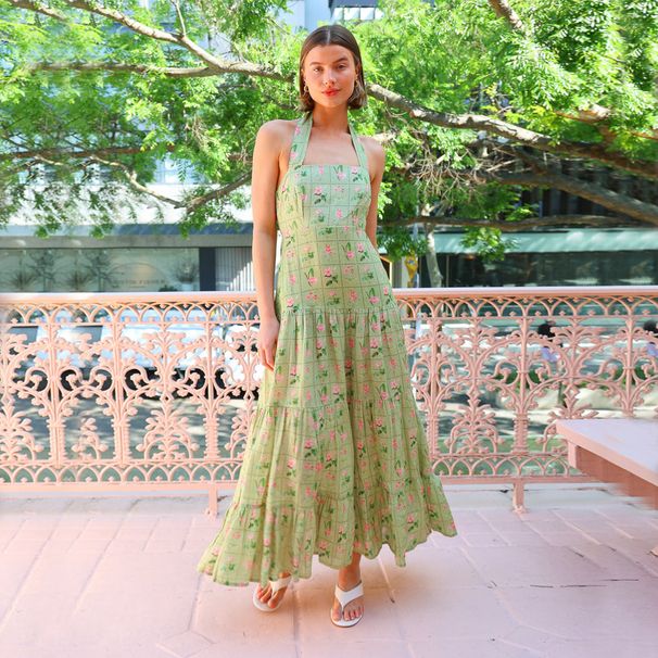 2025 Cross-Border European And American Style Sweet Temperament Printed Sleeveless Halter Feminine Large Backless A-Line_ecoleips.com
