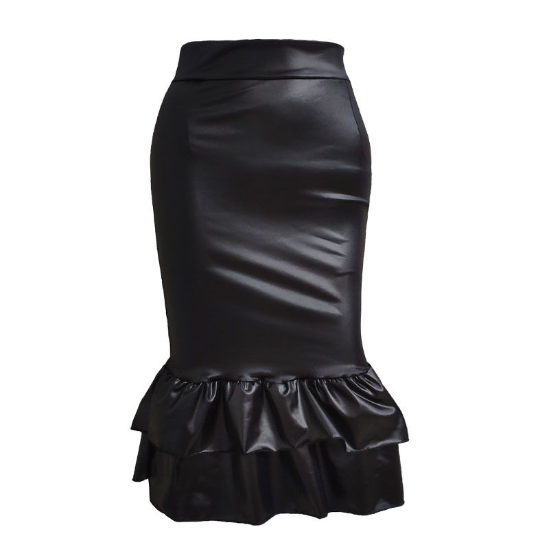 L8032 Women's Fashion Zipper Bodycon Leather Mermaid Midi Skirt_ecoleips.com