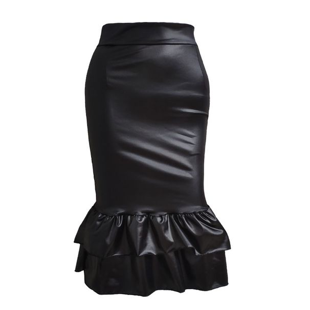 L8032 Women's Fashion Zipper Bodycon Leather Mermaid Midi Skirt_ecoleips.com