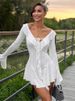 Ruffled Lace-Up White Mini Dress Women's V-Neck Patchwork Long Sleeve Sexy Slim Dress Bandage Elegant Female Summer Dress HT81_ecoleips.com