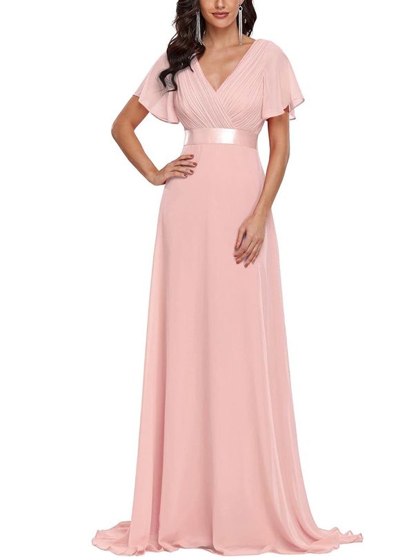 Women's Clothing Hand Folded Large Swing Double V Neck Trumpet Sleeve Chiffon Banquet Bridesmaid Plus Size Evening Dress_ecoleips.com